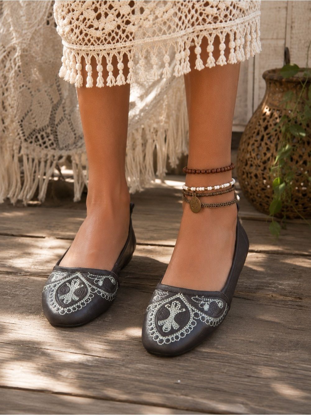 Latigo Brown Embroidered Ballet Flats